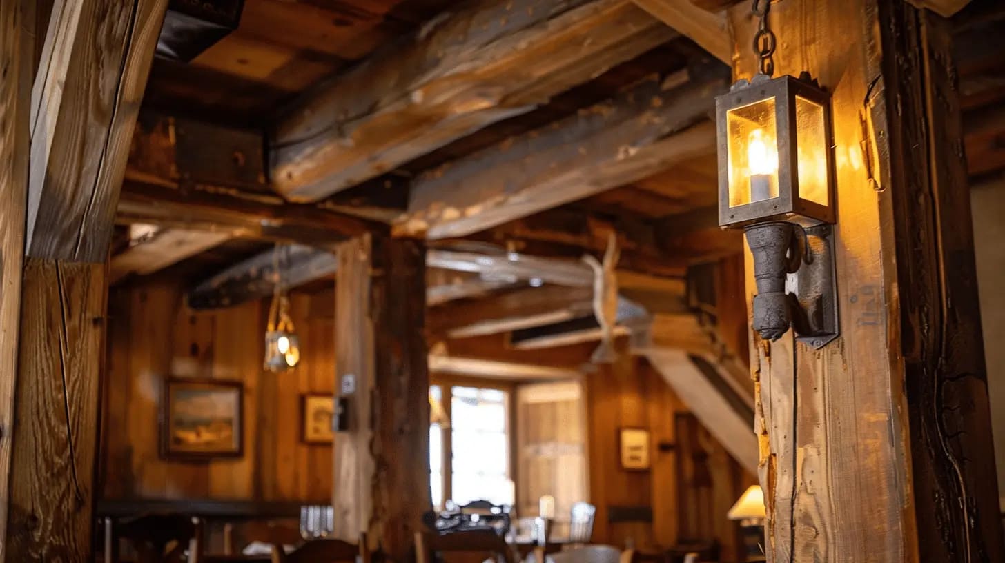 Historic wooden interior details in warm lighting.
