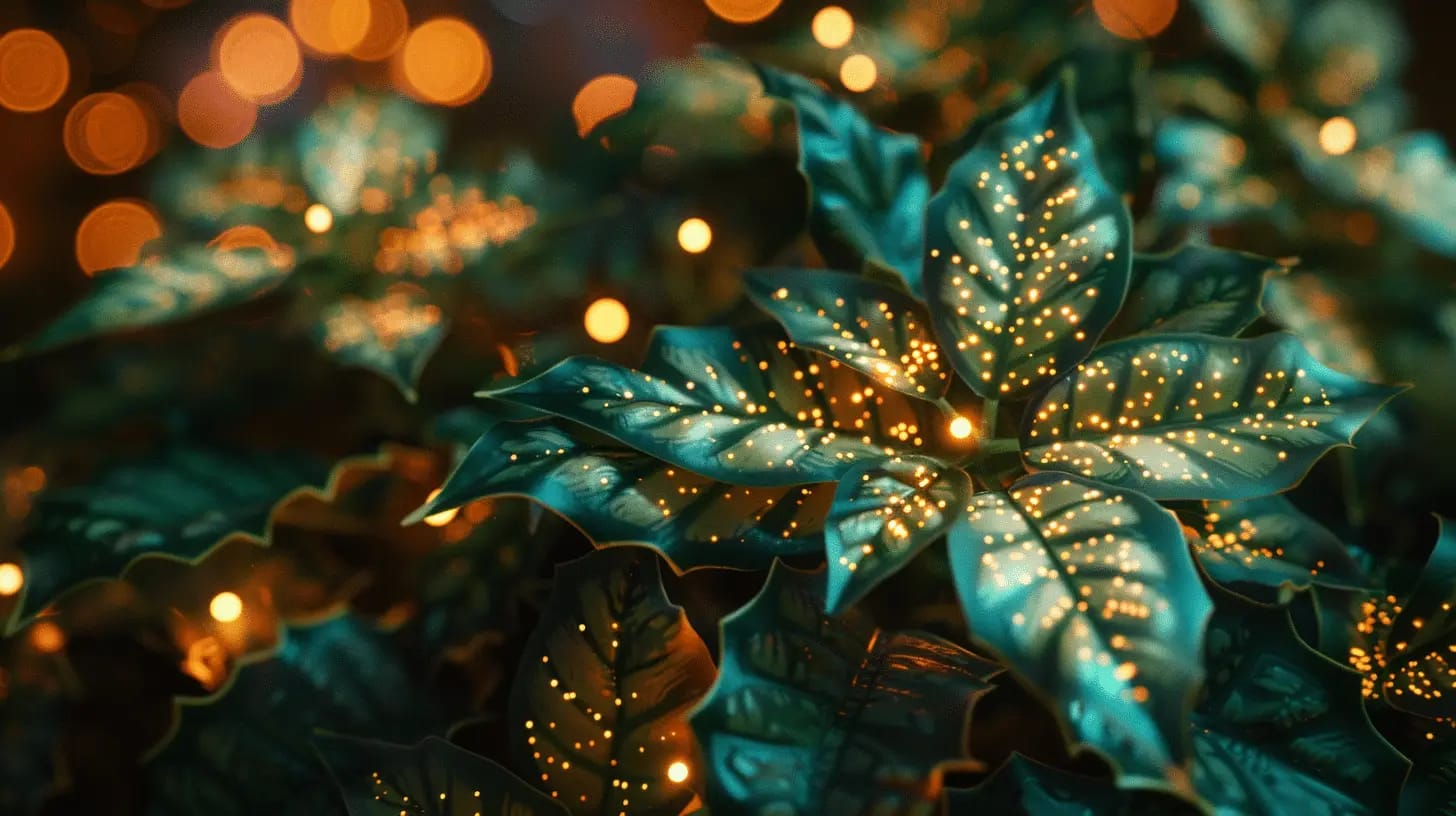 Close-up of holiday lights wrapped around a plant.