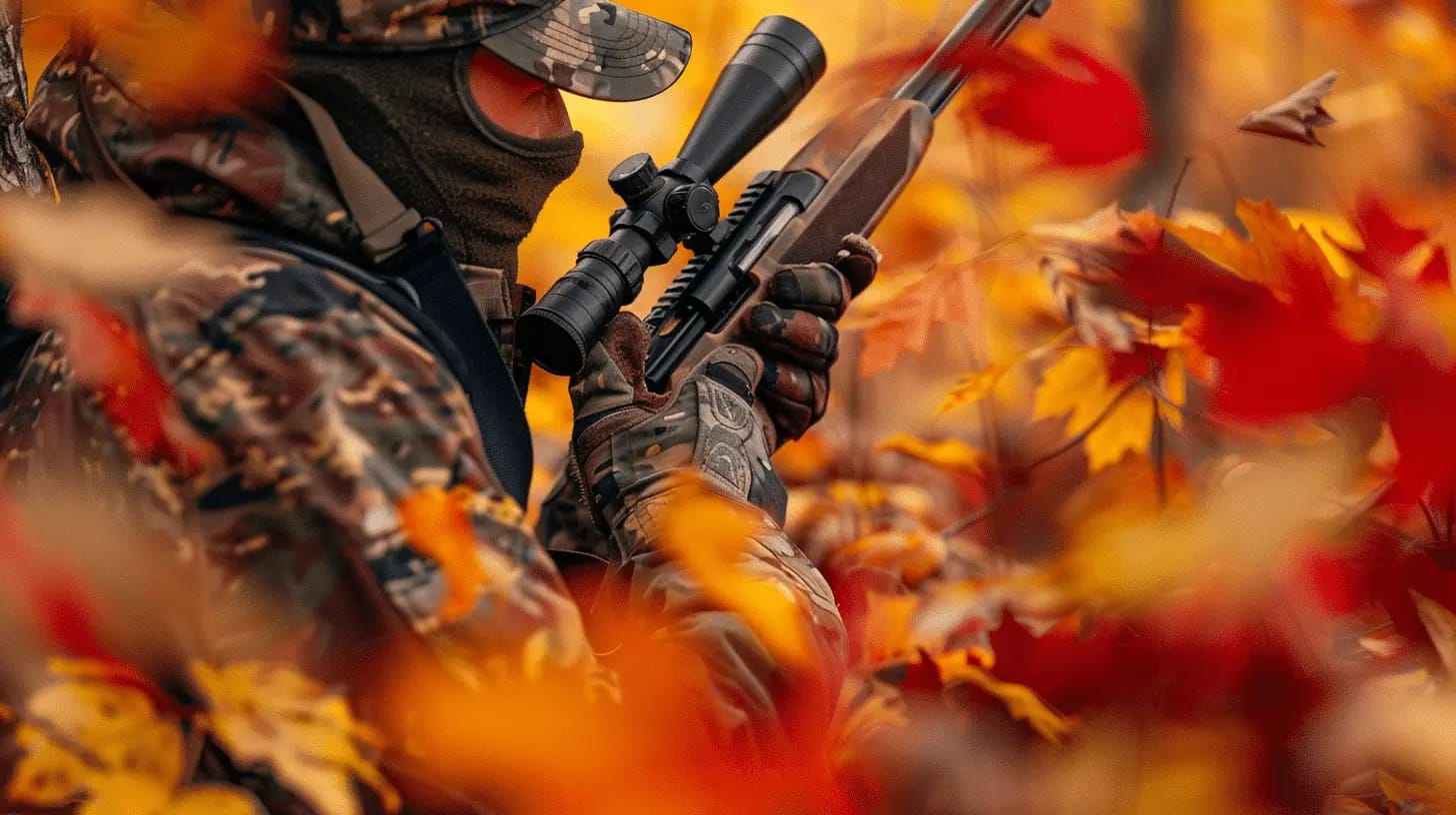 A person dressed in camouflage gear and a face covering holds a hunting rifle with a scope, surrounded by vibrant autumn foliage with orange and red leaves. The background is slightly blurred, emphasizing the hunter amidst the colorful leaves.
