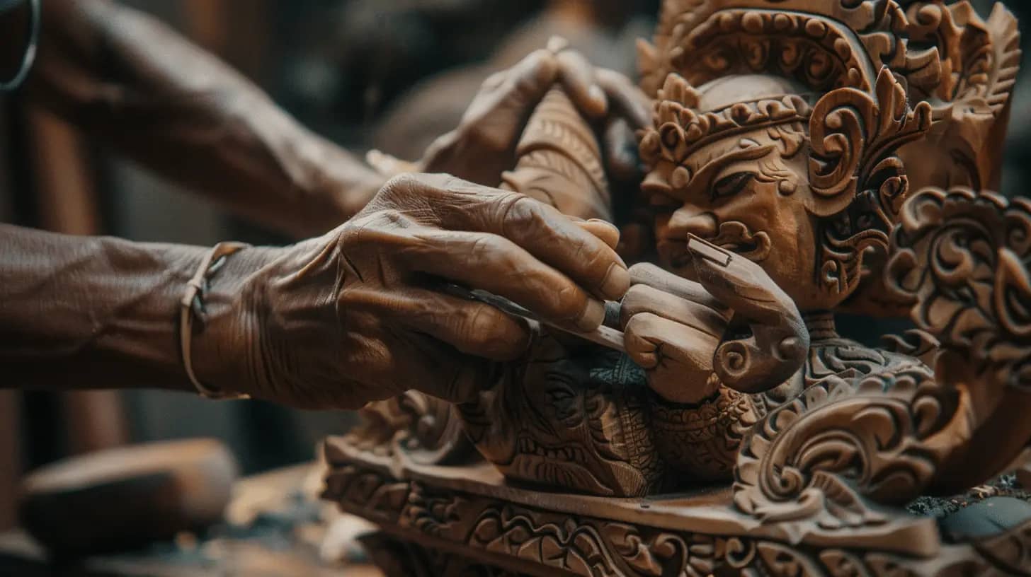 Hands intricately carving wood, showing craftsmanship.