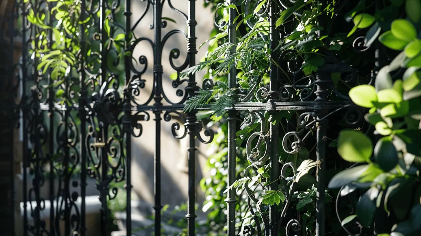 Elegant ironwork with hanging plants, casting sunlight and shadows.