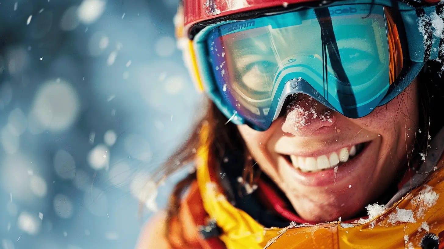 Joyful skier in bright gear, shallow depth of field.