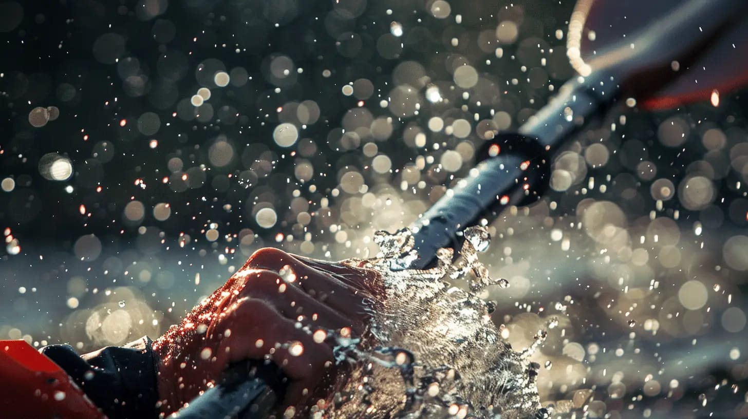 A kayaker's hands gripping a paddle with water splashing in daylight.