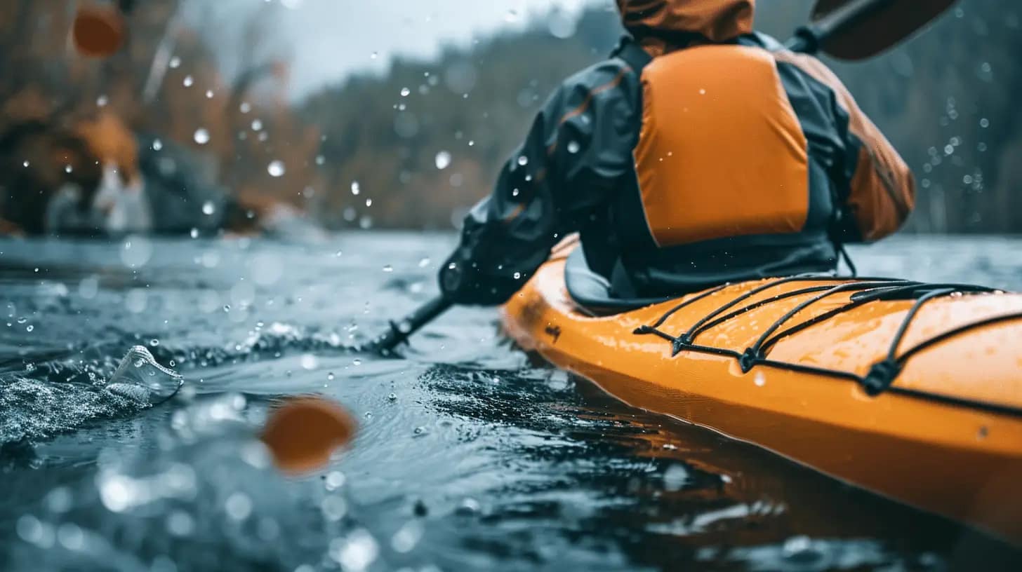 A person in an orange kayak is paddling on a body of water with splashes around. The individual is wearing a life jacket and a waterproof jacket. The background shows blurred trees and a cloudy sky, suggesting a calm, natural setting.