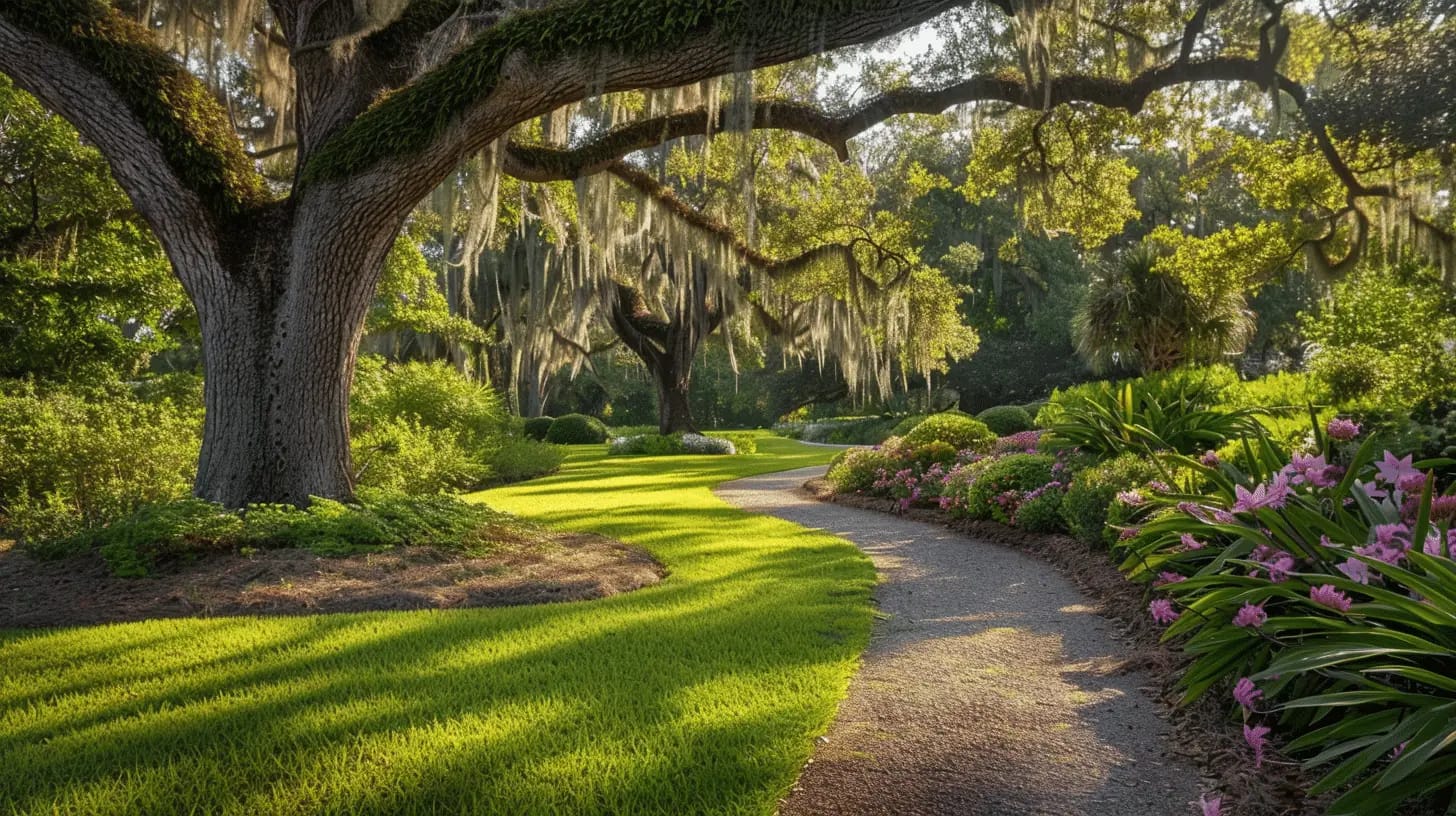 A lush garden with a live oak tree in dappled sunlight.