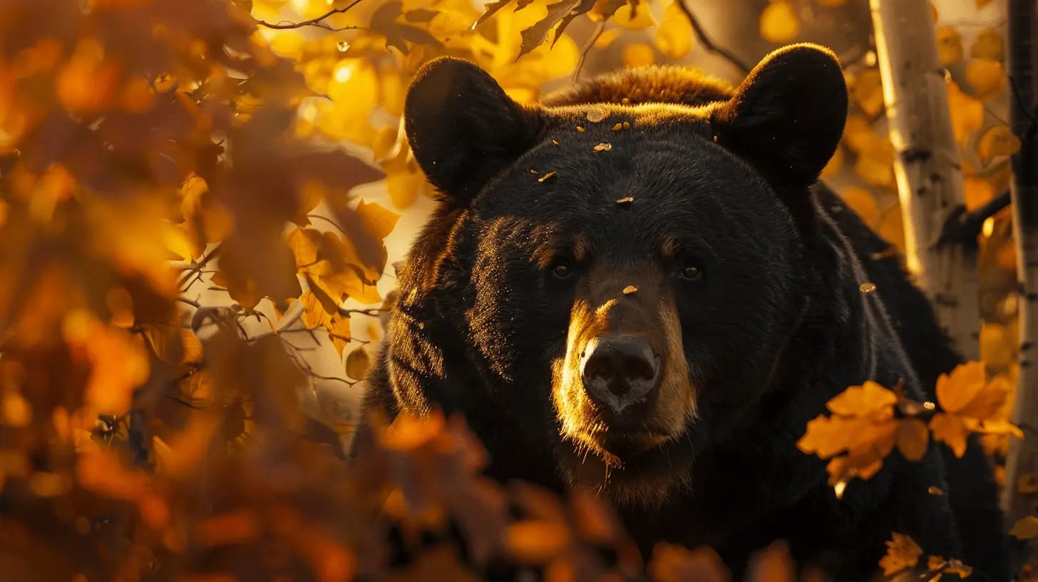 Majestic black bear in autumn foliage during morning light.