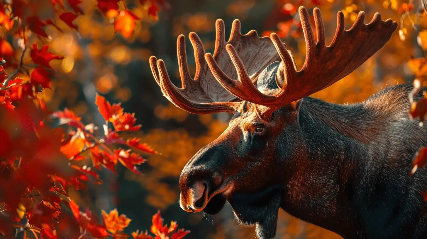 A majestic moose with large antlers stands among vibrant red and orange autumn foliage. Warm sunlight enhances the rich colors and details of the scene, highlighting the moose's fur and the leaves around it.