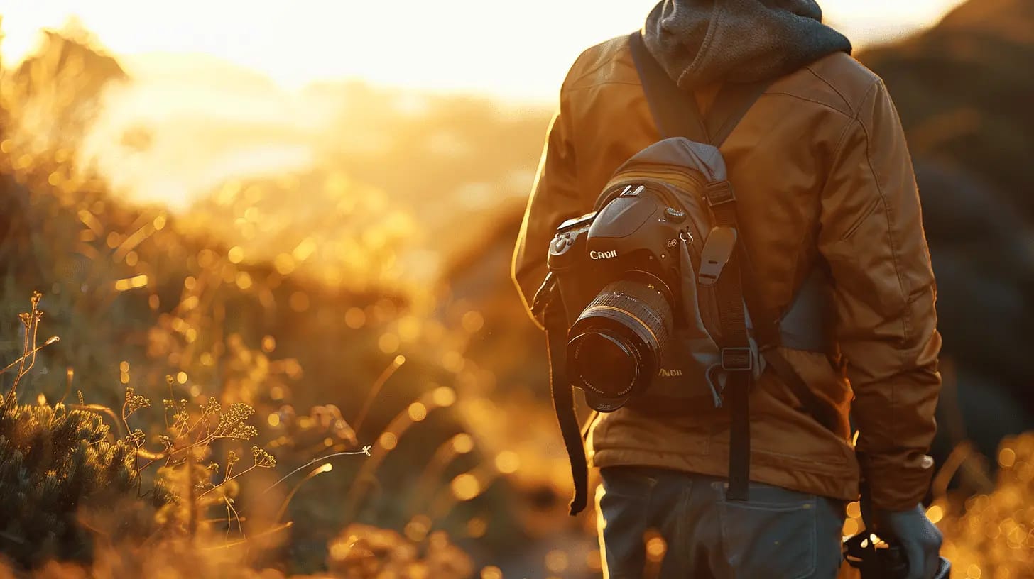 Man hiking with a DSLR camera during golden hour.