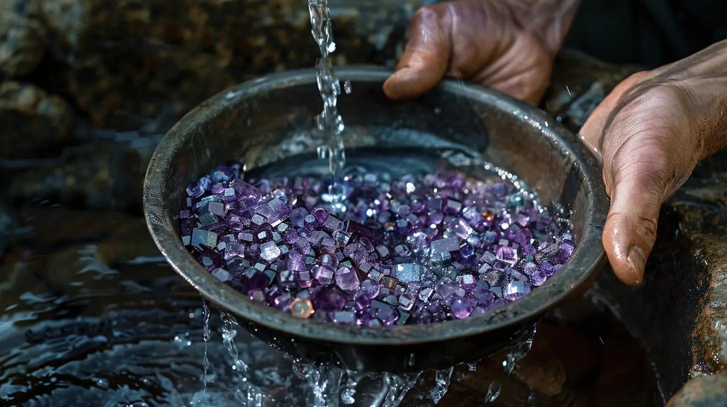 Miner’s hand holding gems sparkling in daylight.