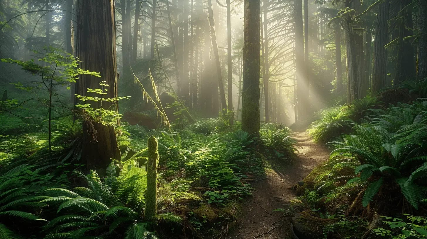 Misty forest trail with sunlight filtering through mossy rocks.