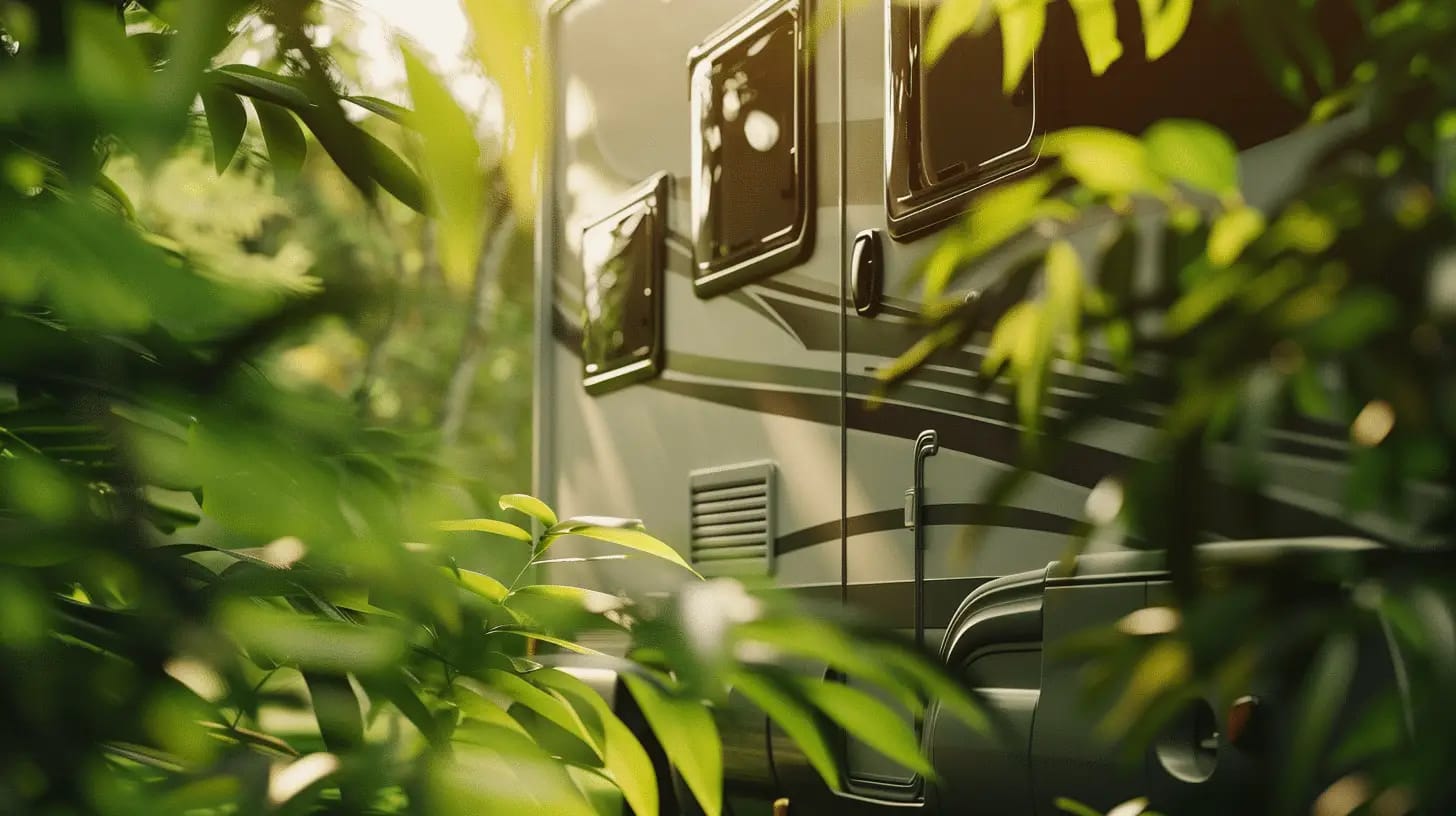 A modern RV surrounded by sunlight and greenery in nature.