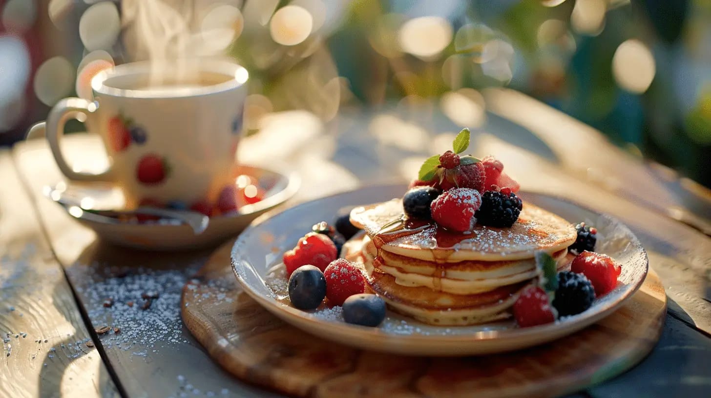 Mountain berry pancakes with coffee on a rustic table.