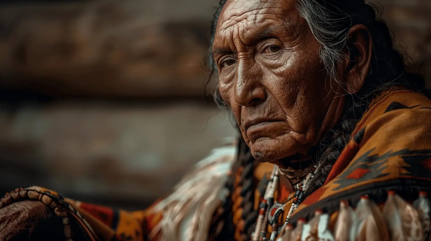 A Native American leader in traditional attire, showcasing cultural heritage.