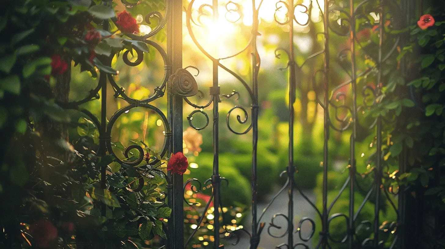 Ornate wrought iron gate leading to a garden in sunlight.