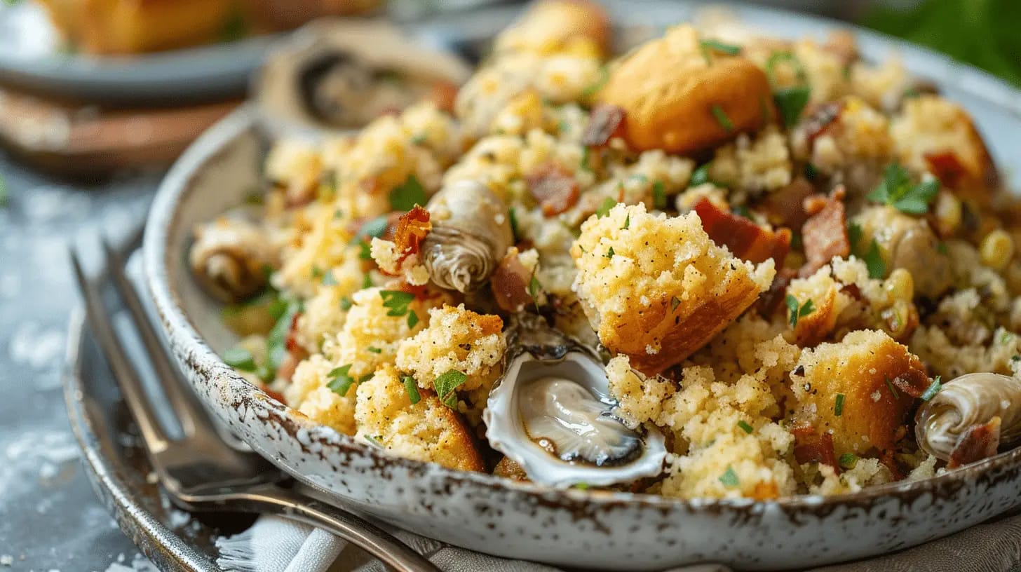 Oyster dressing with cornbread, herbs, and bacon.