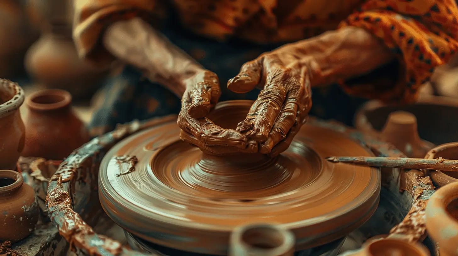 A potter's hands shaping clay on a wheel.