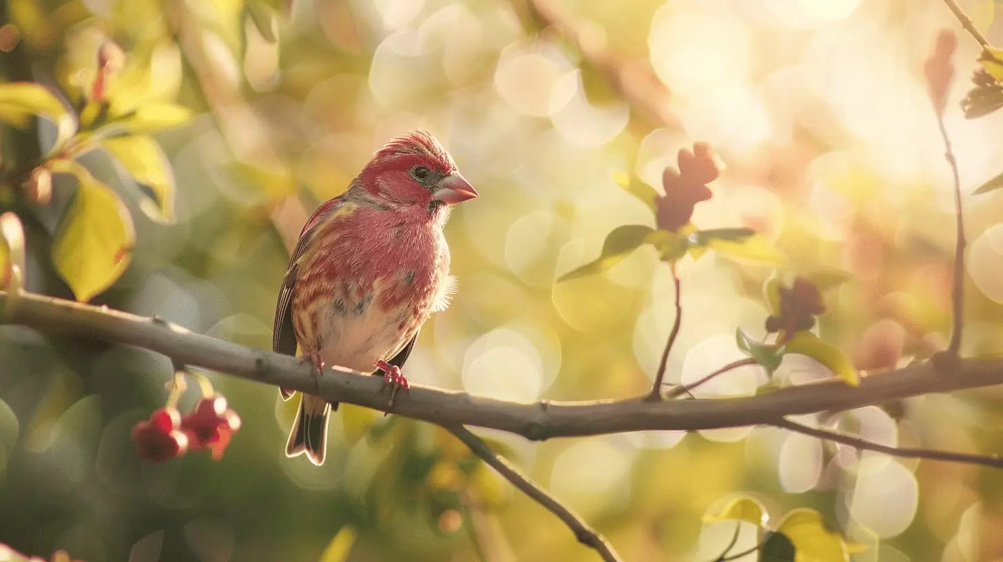 A small bird with a reddish-pink chest and face, perched on a branch with green leaves and red berries. The background is softly blurred with warm, golden sunlight filtering through the leaves, creating a bokeh effect.