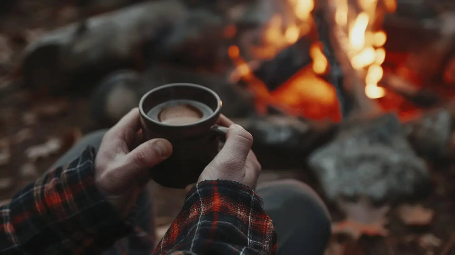 A person in a plaid shirt holds a mug filled with a hot beverage, sitting by a campfire surrounded by rocks and fallen leaves in an autumn setting. The warm firelight creates a cozy atmosphere.