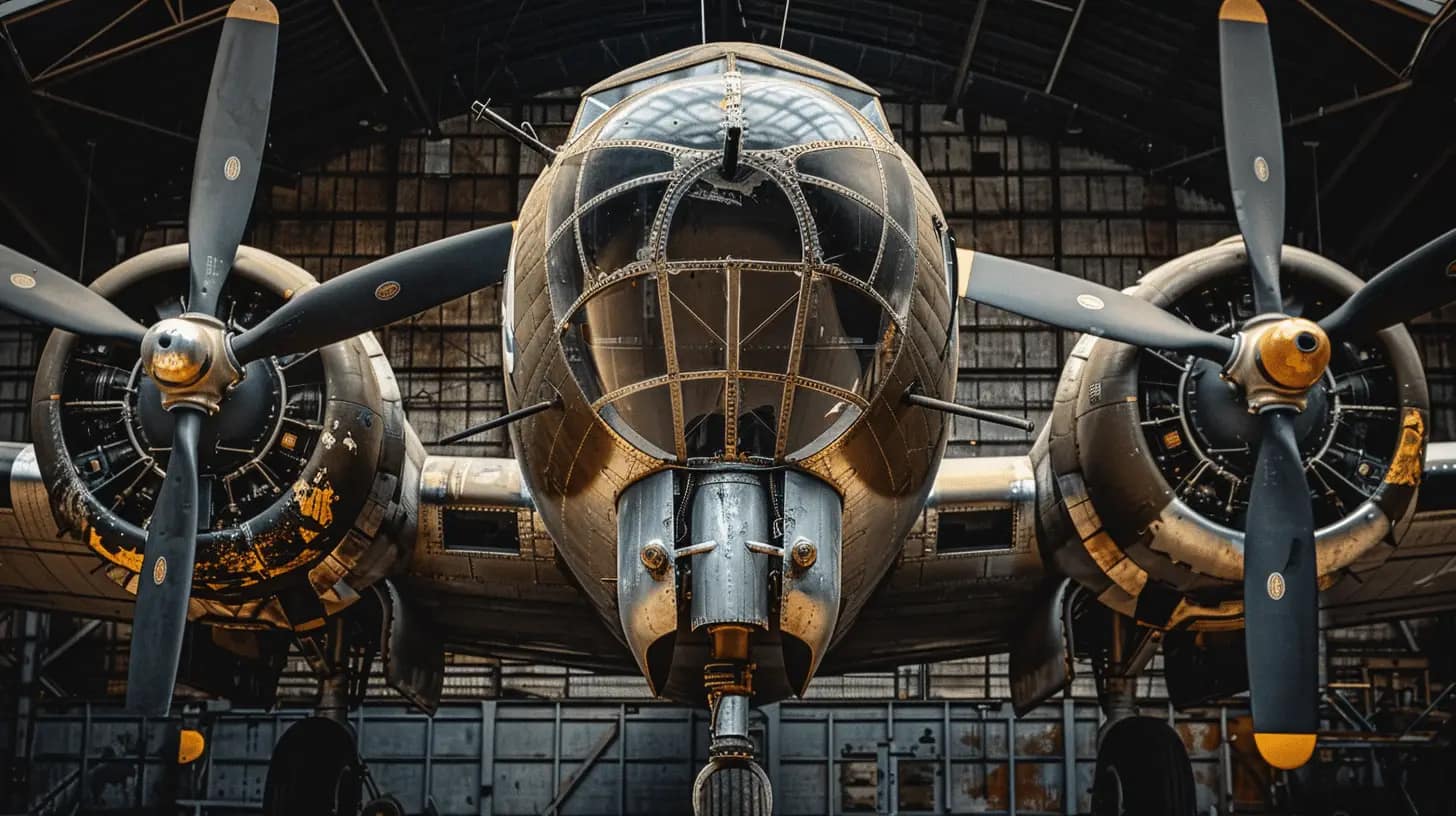 Close-up of a restored WWII bomber with riveted metal.