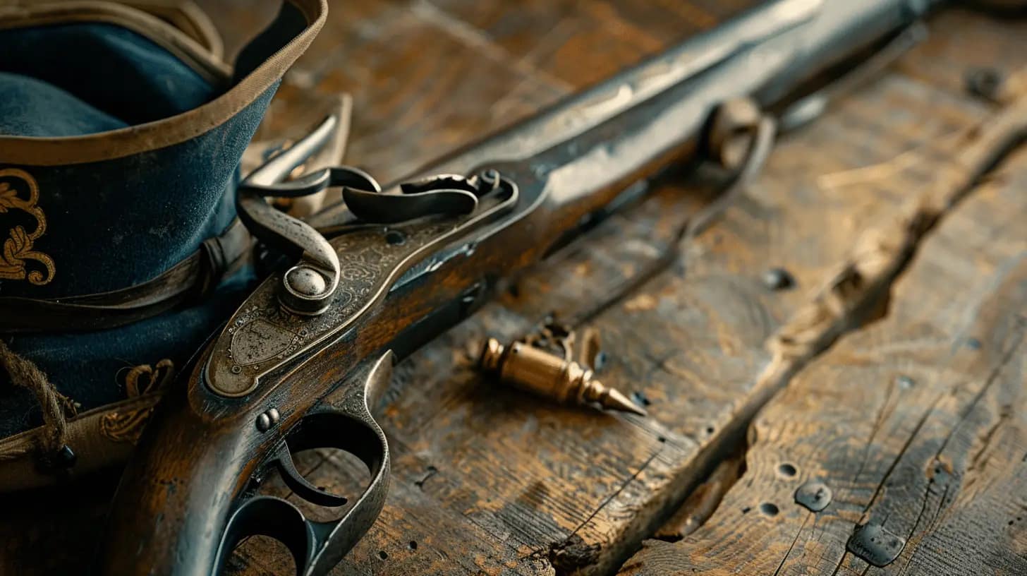 Close-up of a Revolutionary War musket and a tricorn hat.