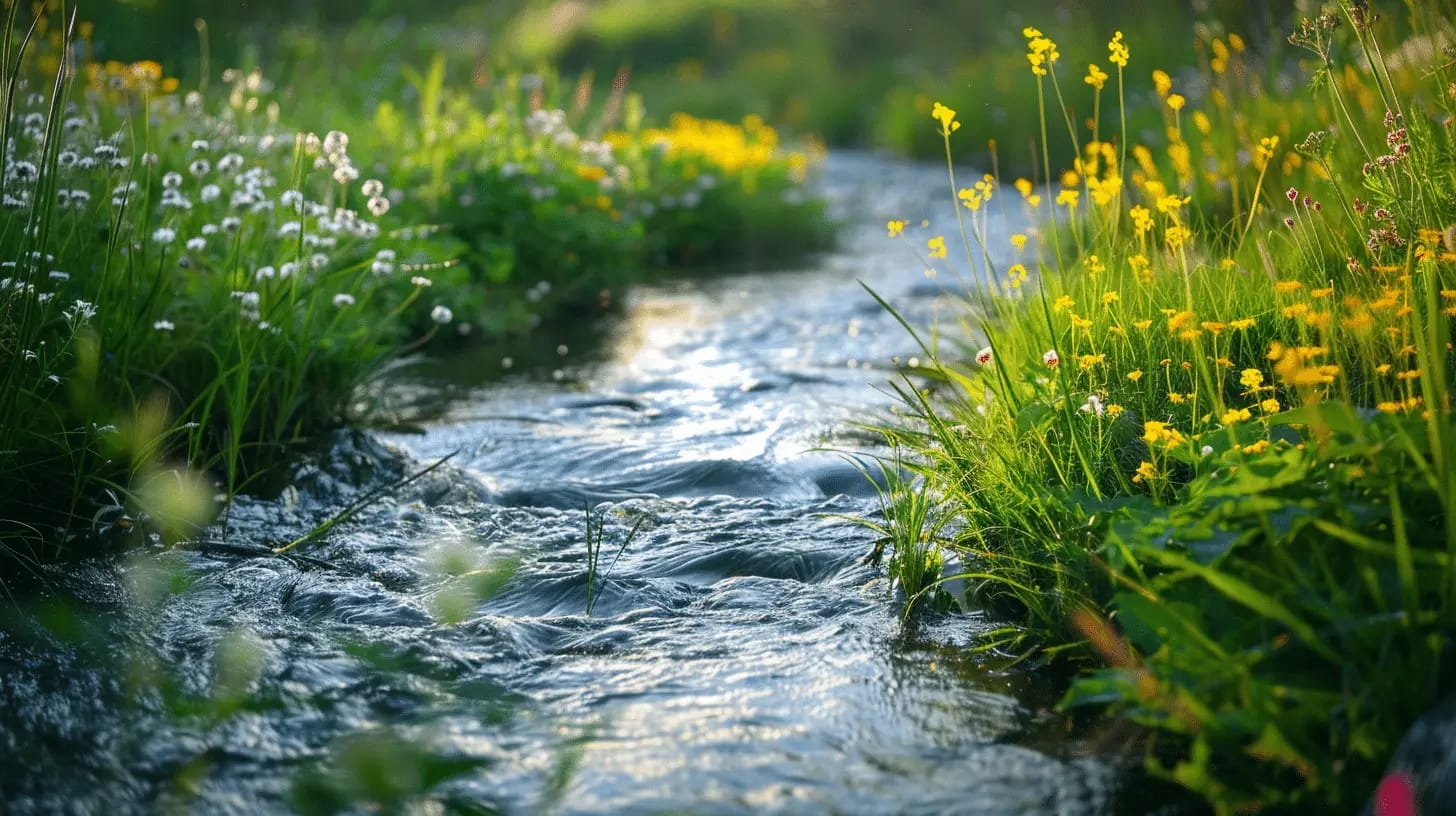 A river wetland with lush vegetation and wildflowers under a sunny sky.