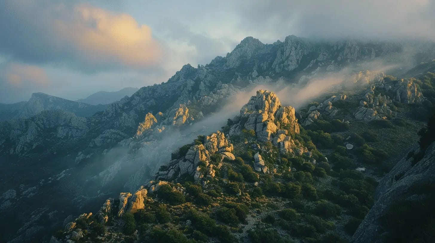 Rugged mountain at dawn with misty clouds.