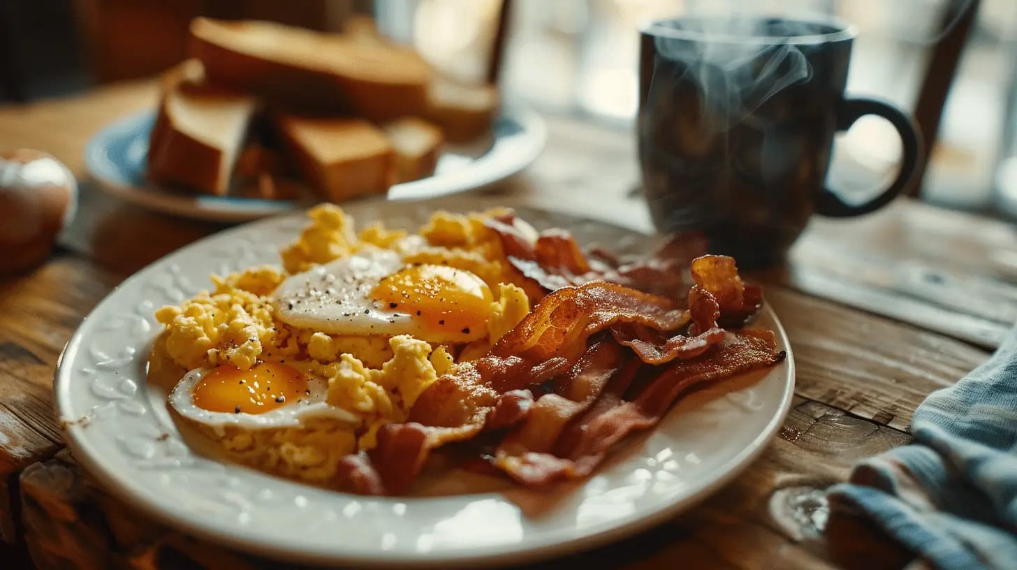 Rustic breakfast table with scrambled eggs, bacon, and coffee.