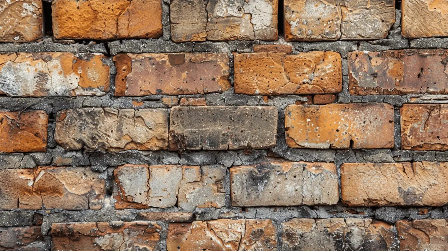 A close-up view of an old, weathered brick wall with irregular shapes and varying shades of orange, red, and gray. The surface of the bricks is rough, with visible cracks and mortar joints, giving it a rustic and textured appearance.