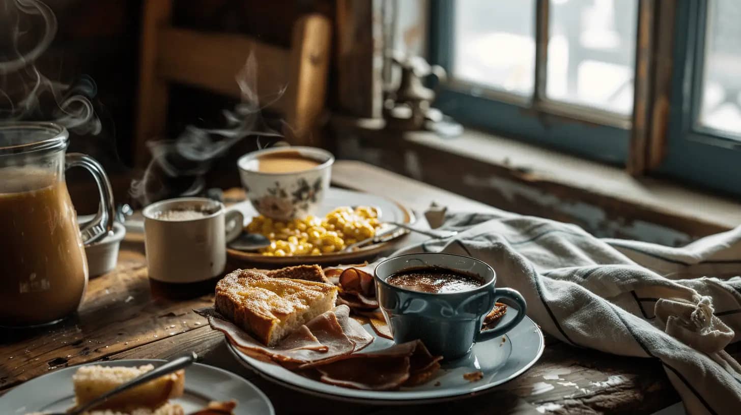 Rustic diner breakfast with coffee, ham, cornbread, and apple butter.