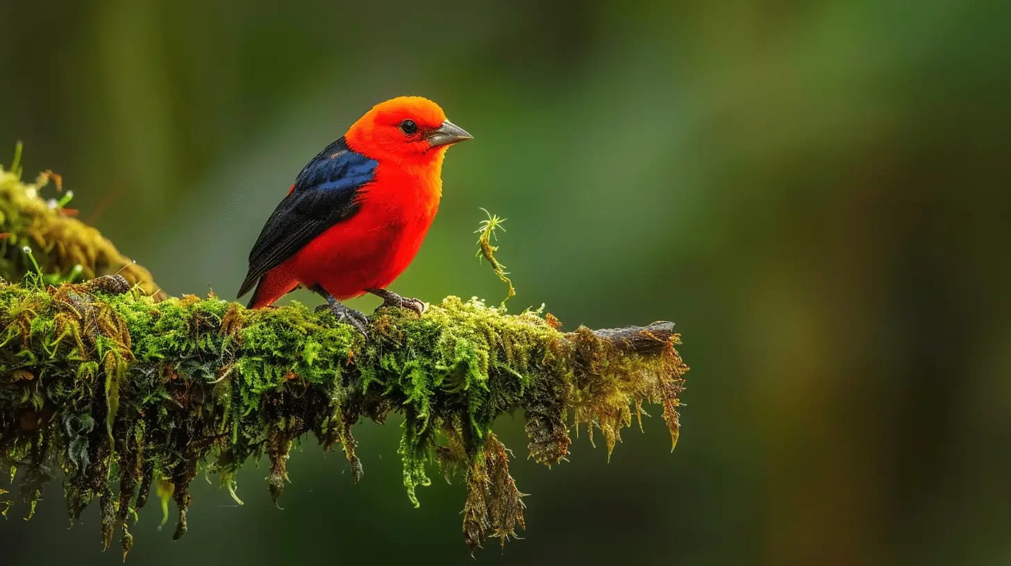Scarlet tanager perched on a mossy branch.