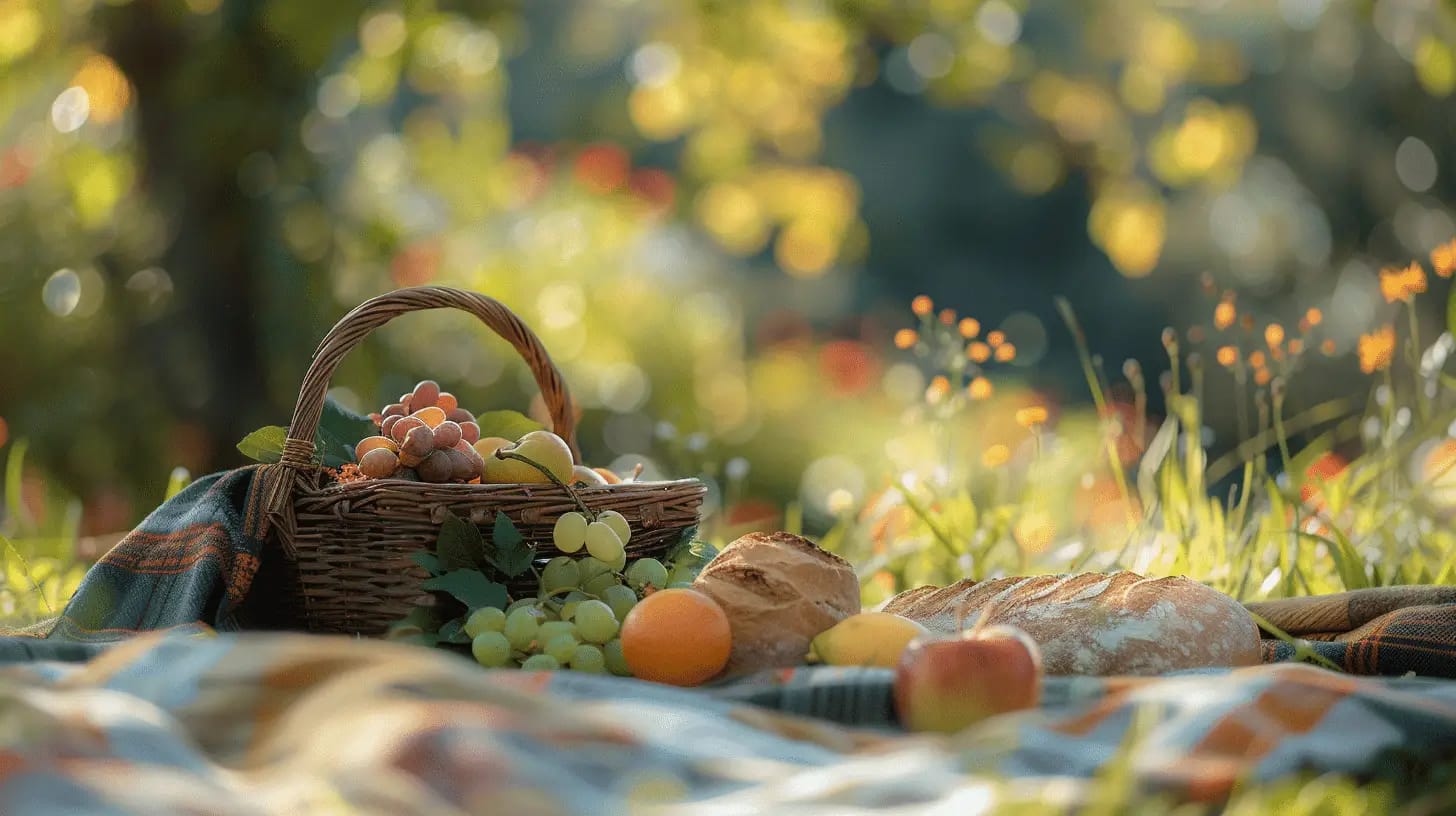 Scenic picnic setup with a wicker basket, fruits, and bread.