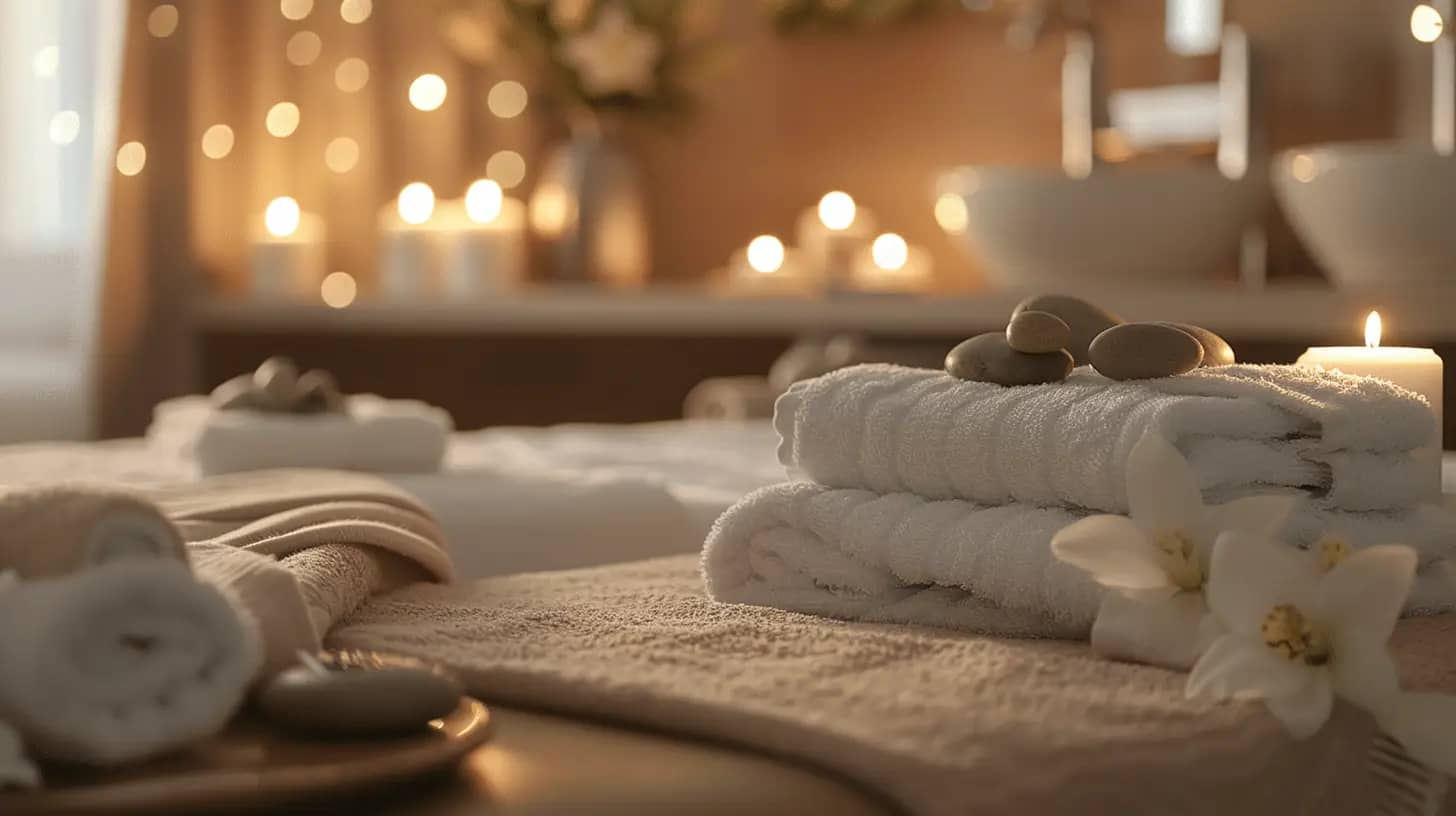 A serene spa setting with neatly folded white towels adorned with smooth stones and white orchids. Soft, warm lighting from numerous candles enhances the tranquil ambiance. In the background, there are blurred sinks and delicate flower arrangements.