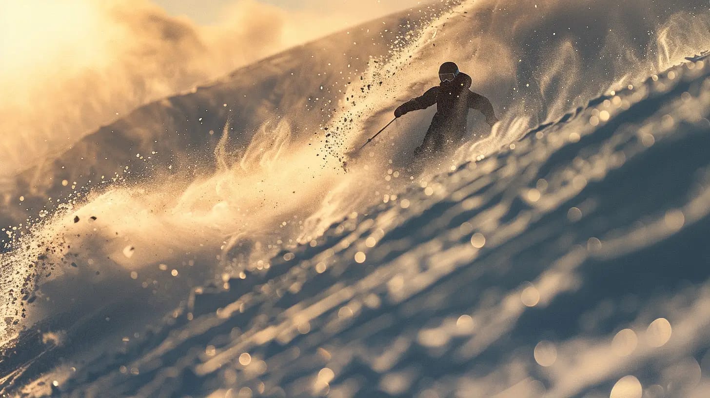 Skier carving through snow on a slope in afternoon light.