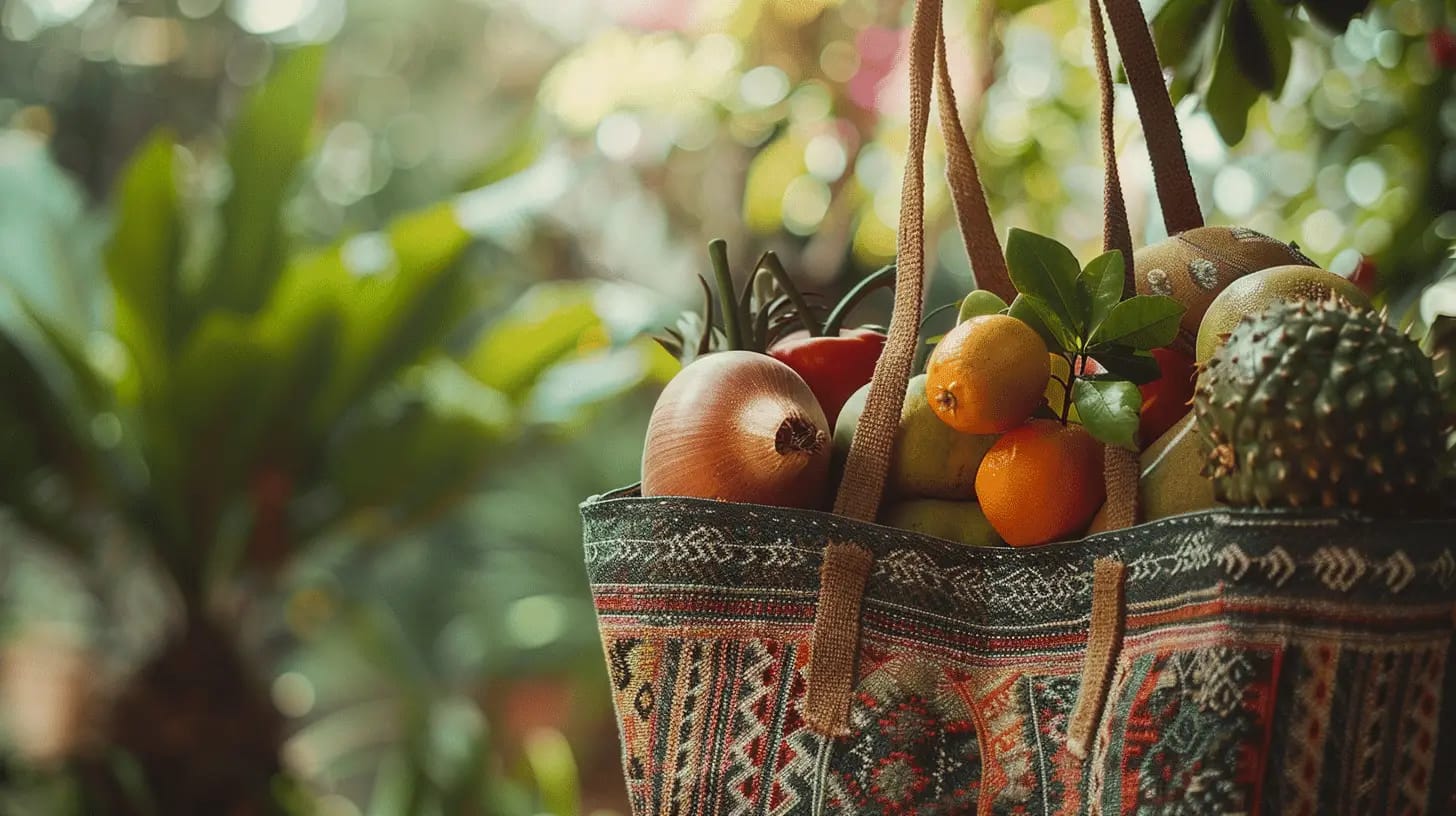 Stylish tote bag filled with artisanal treats, fresh produce, and crafts.