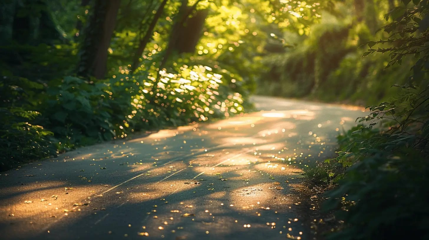 A scenic, sunlit pathway winds through a lush, green forest. Dappled sunlight filters through the dense foliage, casting intricate patterns on the path. The serene and inviting atmosphere suggests a tranquil nature walk.