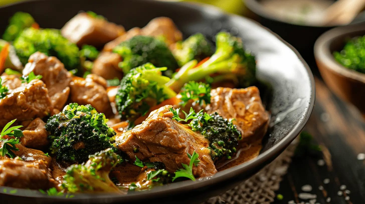 Vegan seitan and broccoli stroganoff, close-up showing texture.