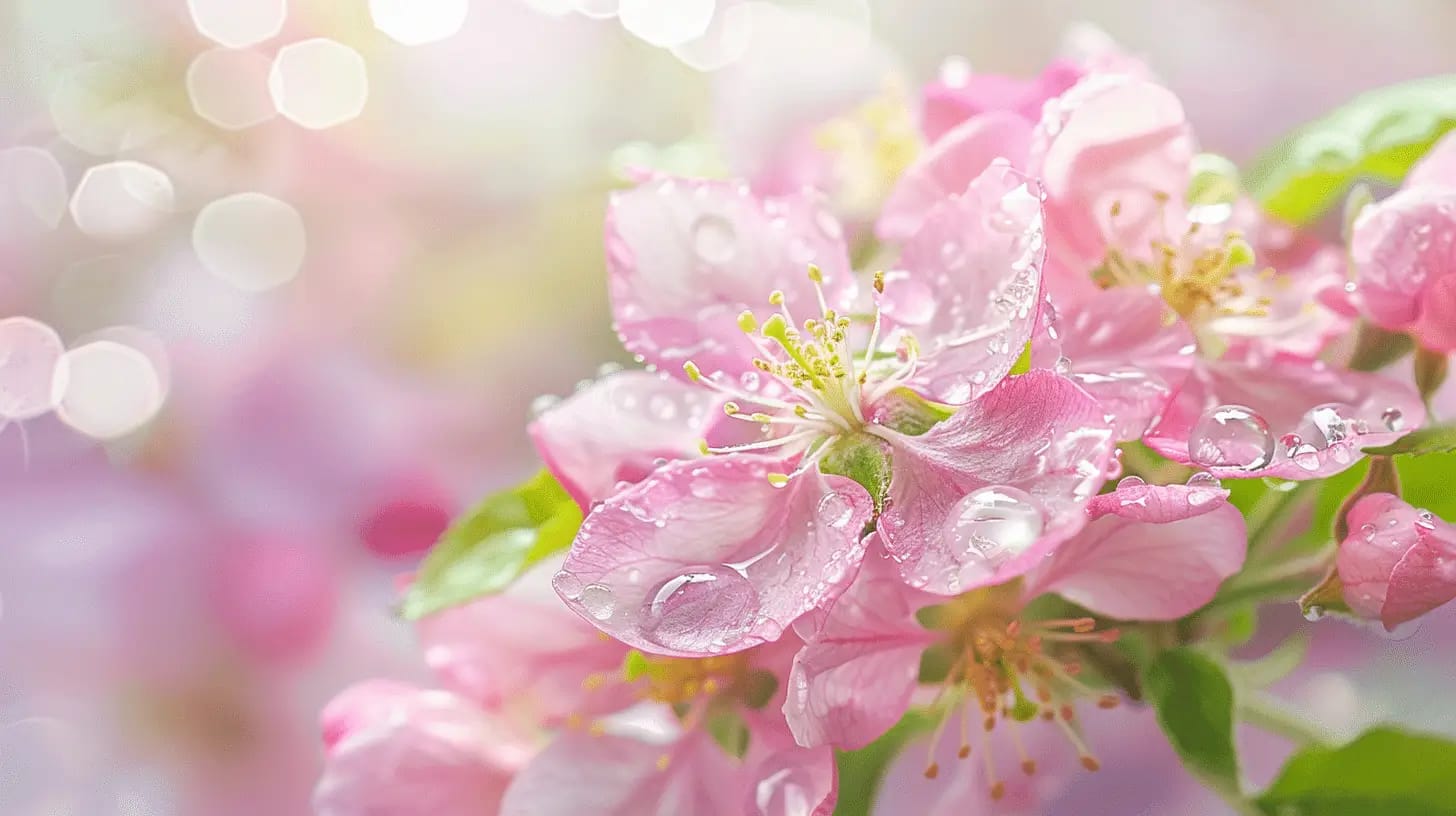Vibrant apple blossoms with spring dew.