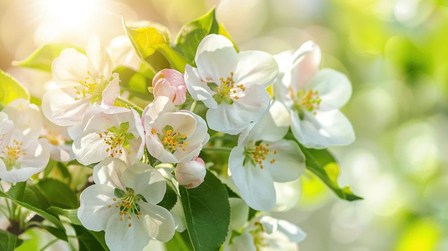 Vibrant apple blossoms on a sunny spring day.