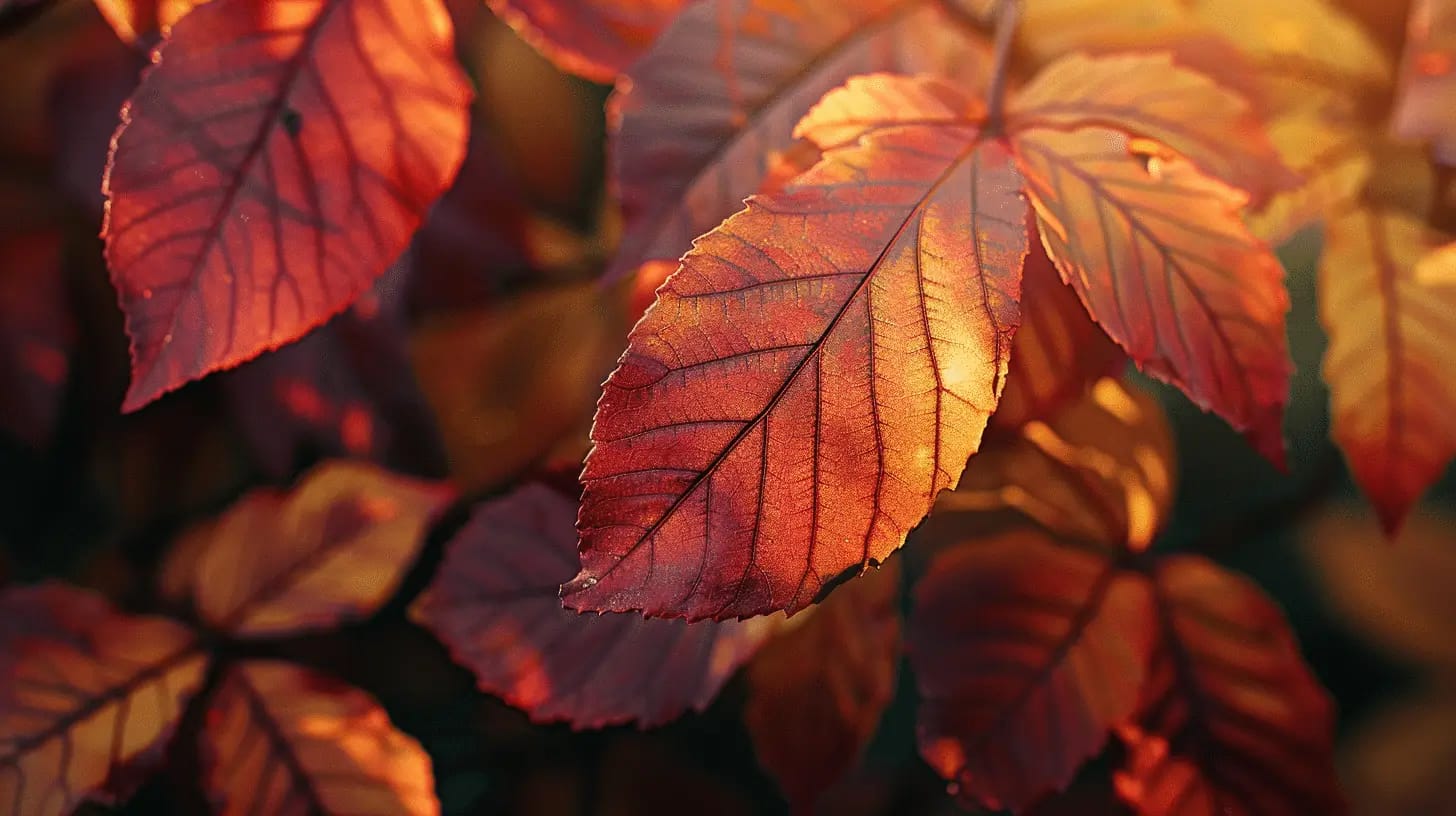 Vibrant autumn leaves backlit by sunlight.