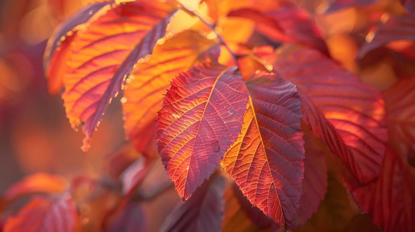 Vibrant autumn leaves glowing in the golden hour.