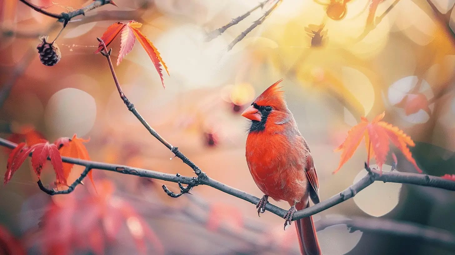 Vibrant cardinal perched on a silver maple branch.