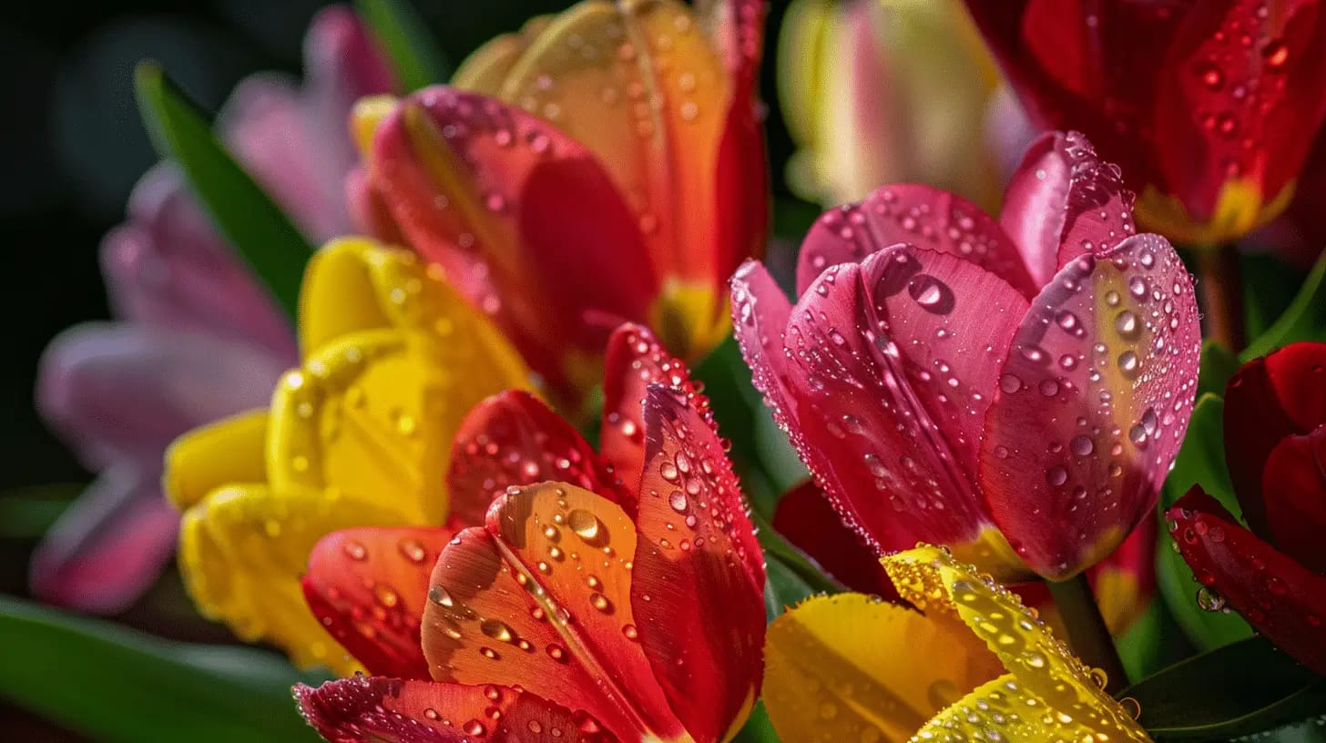 Vibrant tulips with dew drops in spring bloom.