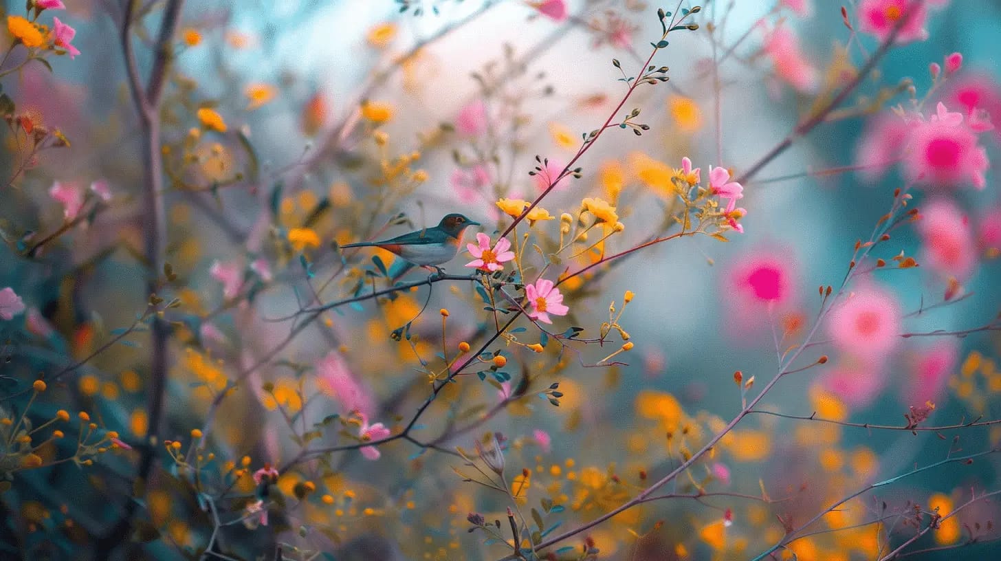 Close-up of vibrant wildflowers with birds in a tranquil setting.