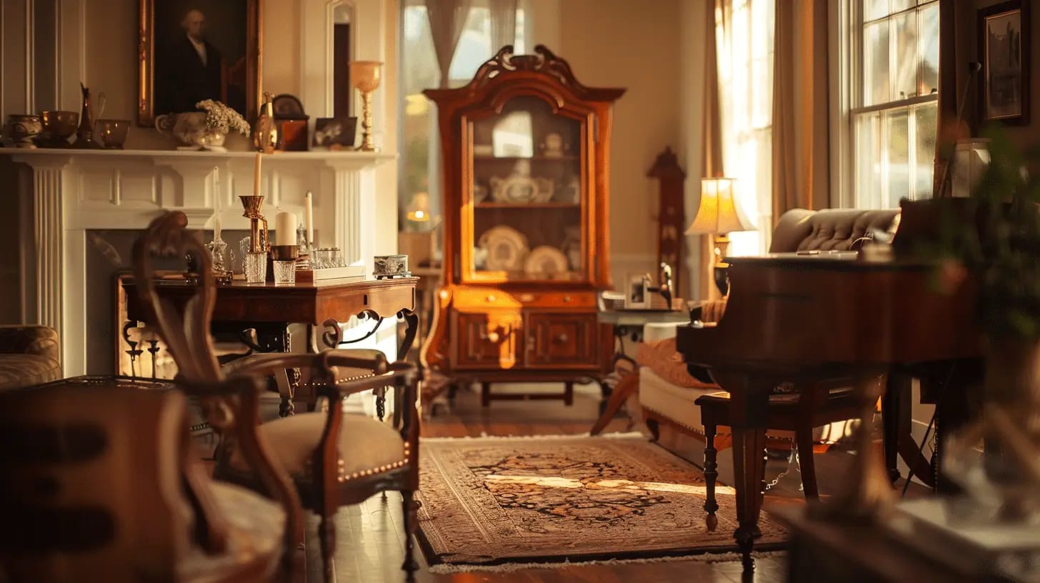 Vintage Greek Revival interior featuring antique furniture.