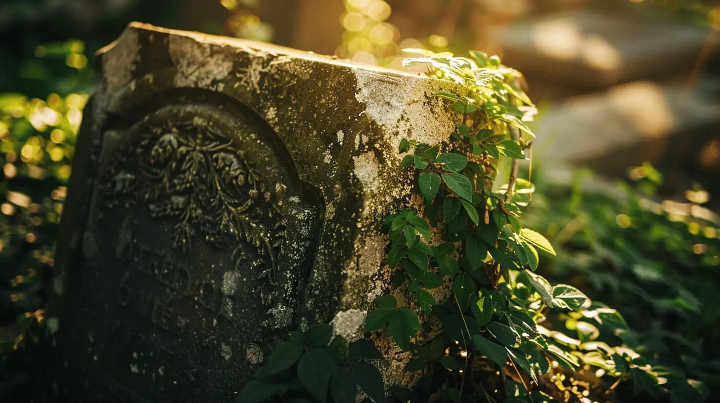 Weathered gravestone with moss, bathed in sunlight in a serene cemetery.