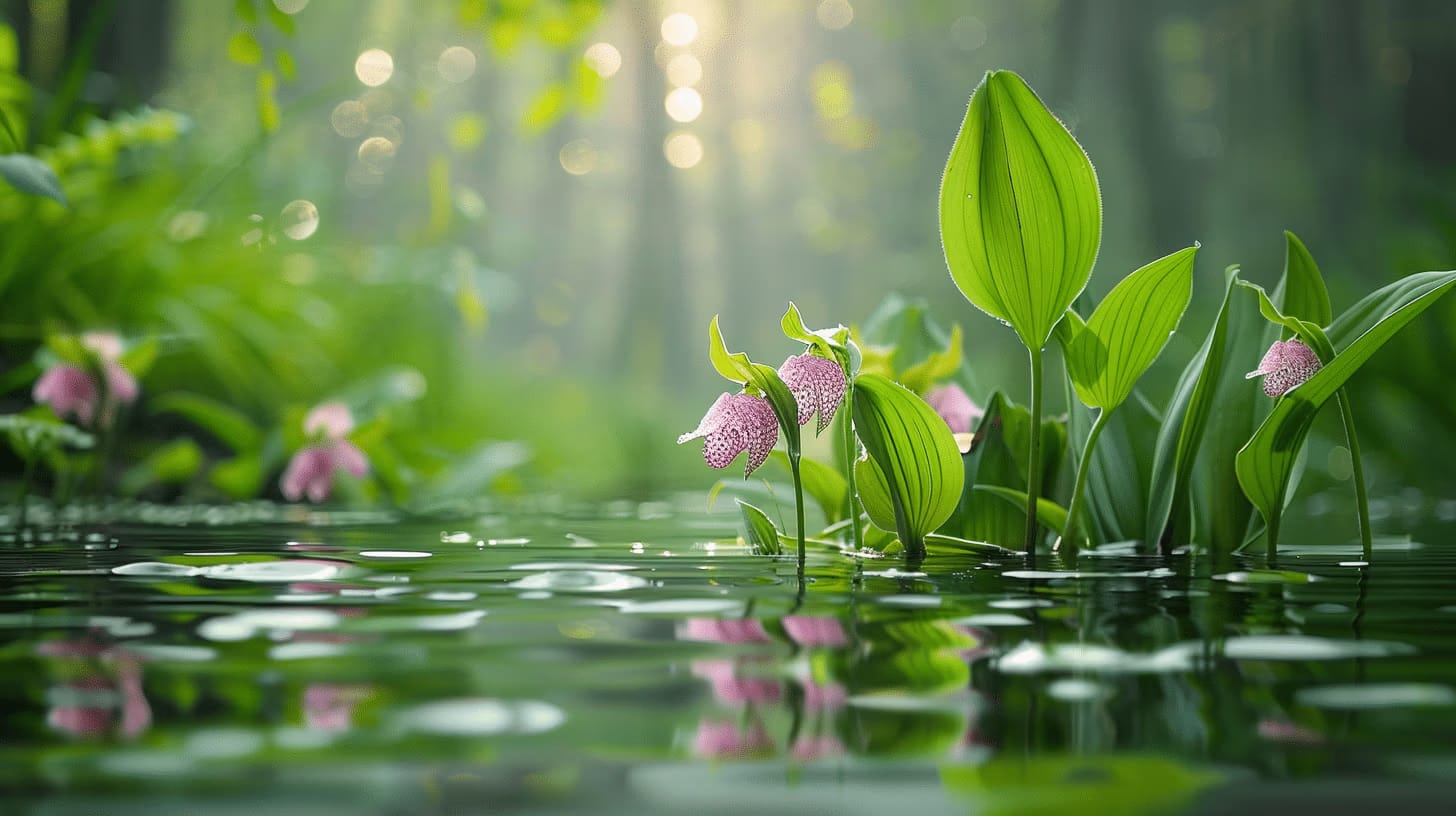 Wetland flora with lush greenery and wildflowers.