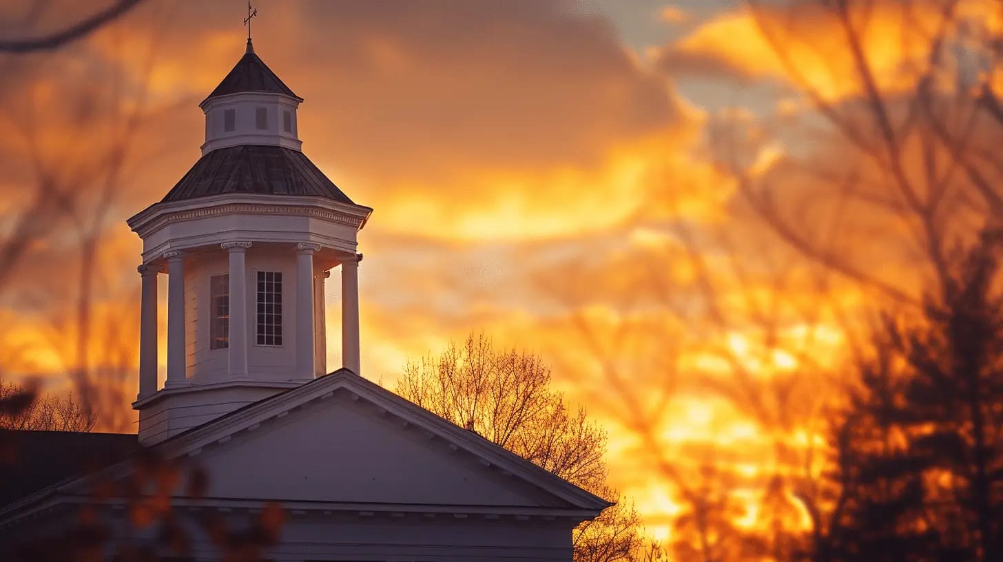 White steeple at sunrise, Greek Revival style.