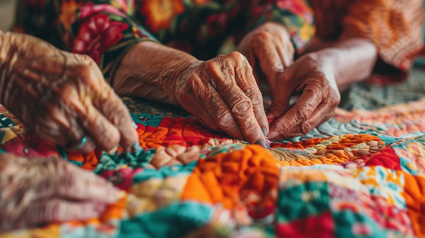 Women quilting, hands stitching fabric.