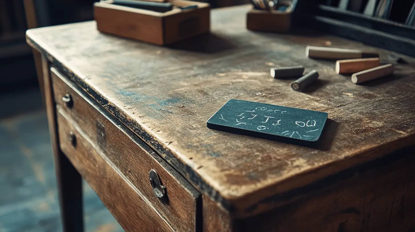 A 1940s vintage desk with school items