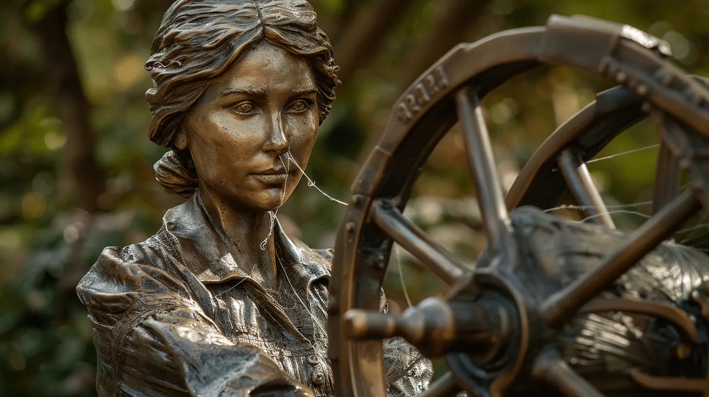 Bronze statue of a mill girl, depicting a historical figure from the industrial era